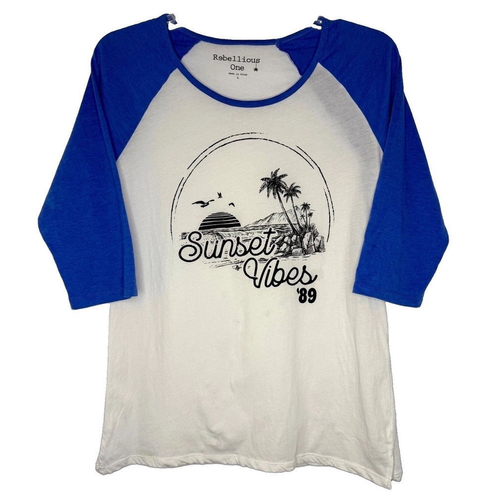 Rebellious One Raglan Tee Women L White Blue Sunset Vibes 89 Graphic I1508J172X